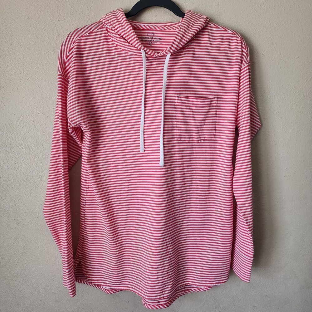 Vineyard Vines Long Sleeve Striped Whale Terry Hoodie Pink/White Top XS Nautical